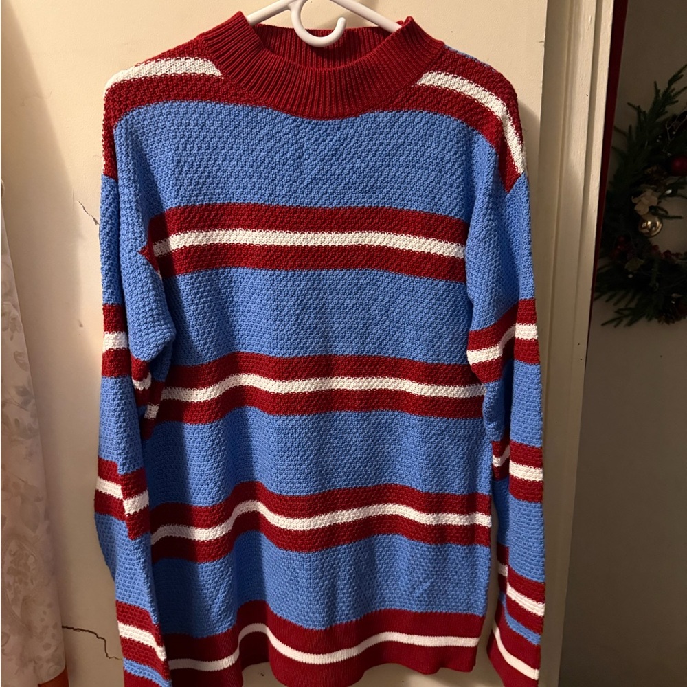 Red and Blue Striped Men's Crewneck Sweater